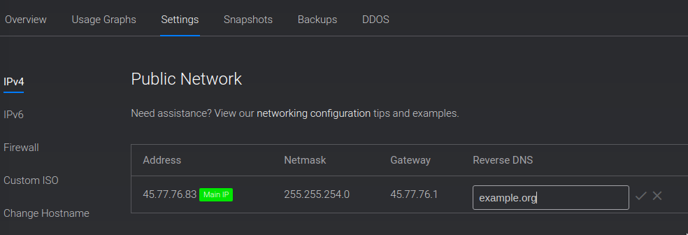 IPv4 rDNS PTR record set in Vultr