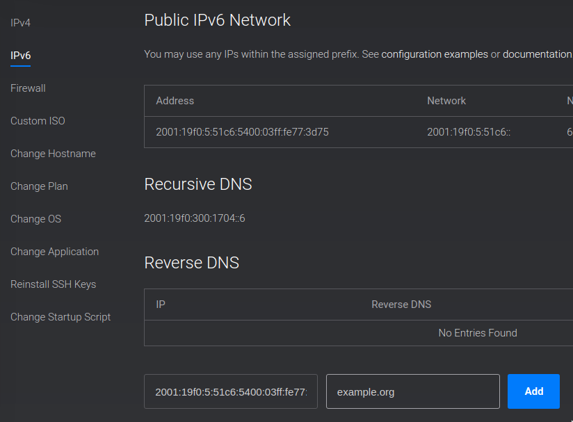IPv6 rDNS PTR record set in Vultr
